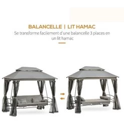Outsunny Balancelle De Jardin 3 Places Convertible Style Colonial Grand Confort 5 Coussins + Matelas + Moustiquaires Inclus 2,56L X 1,72l X 2,48H M Gris - Gris -Outsunny Soldes Magasin 32693328 4