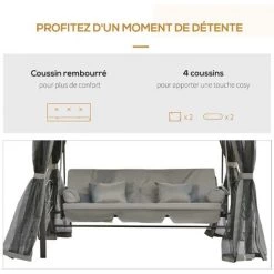 Outsunny Balancelle De Jardin 3 Places Convertible Style Colonial Grand Confort 5 Coussins + Matelas + Moustiquaires Inclus 2,56L X 1,72l X 2,48H M Gris - Gris -Outsunny Soldes Magasin 32693328 5