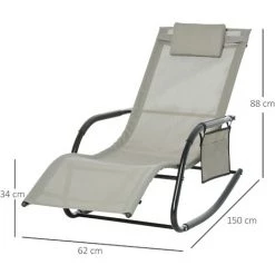 Outsunny Chaise Longue à Bascule - Rocking Chair Ergonomique - Tétière Amovible, Accoudoirs, Pochette Rangement - Métal époxy Textilène Gris Clair -Outsunny Soldes Magasin 33442131 2