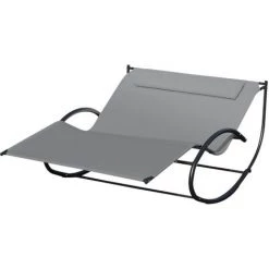Outsunny Bain De Soleil Transat à Bascule 2 Places Design Contemporain Assise Dossier Ergonomiques Oreiller Fourni Métal Noir Textilène Gris