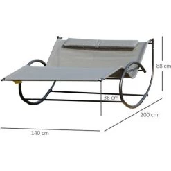 Outsunny Bain De Soleil Transat à Bascule 2 Places Design Contemporain Assise Dossier Ergonomiques Oreiller Fourni Métal Noir Textilène Gris -Outsunny Soldes Magasin 33559734 3