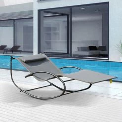 Outsunny Bain De Soleil Transat à Bascule 2 Places Design Contemporain Assise Dossier Ergonomiques Oreiller Fourni Métal Noir Textilène Gris -Outsunny Soldes Magasin 33559734 4