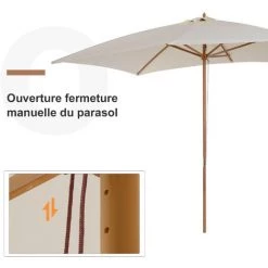 Outsunny Parasol Droit Rectangulaire Bois Polyester Haute Densité 2,95L X 2l X 2,55H M Crème -Outsunny Soldes Magasin 3463657 4