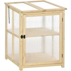Outsunny Mini Serre De Jardin 2 Niveaux Dim. 62L X 63l X 82H Cm Porte Et Panneau Toit Ouvrant Bois Sapin Traité Polycarbonate