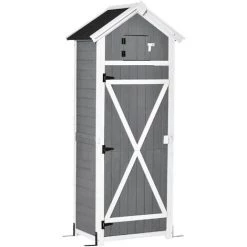 Outsunny Armoire Abri De Jardin Remise Pour Outils 4 étagères 9 Crochets 2 Porte Loquets Toit Pente Bitumé Sapin Gris Blanc