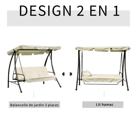 Outsunny Balancelle De Jardin Convertible 3 Places Grand Confort Inclinaison Toit Réglable Matelas Et Coussins Fournis 2L X 1,25l X 1,7H M Métal Polyester Noir Et Crème 6 Outsunny Balancelle De Jardin Convertible 3 Places Grand Confort Inclinaison Toit Réglable Matelas Et Coussins Fournis 2L X 1,25l X 1,7H M Métal Polyester Noir Et Crème – Image 4