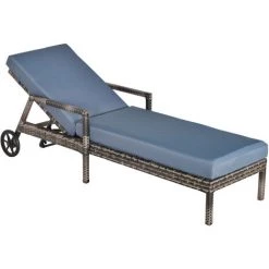 Outsunny Transat Bain De Soleil Grand Confort : Matelas, Têtière, Inclinaison Réglable Multipositions, Accoudoirs, Roulettes Résine Tressée Gris - Gris