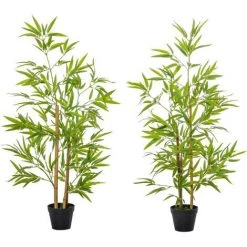 Outsunny Bambous Artificiels 1,20H M - Lot De 2 Bambous Artificiels - 369 Feuilles Réalistes Par Bambou Avec Vrais Troncs - Pot Inclus Noir Vert - Vert