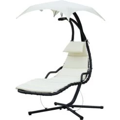 Outsunny Bain De Soleil Transat Suspendu Avec Pare-soleil Et Matelas Design Contemporain 190L X 115l X 190H Cm Acier Polyester Crème Noir