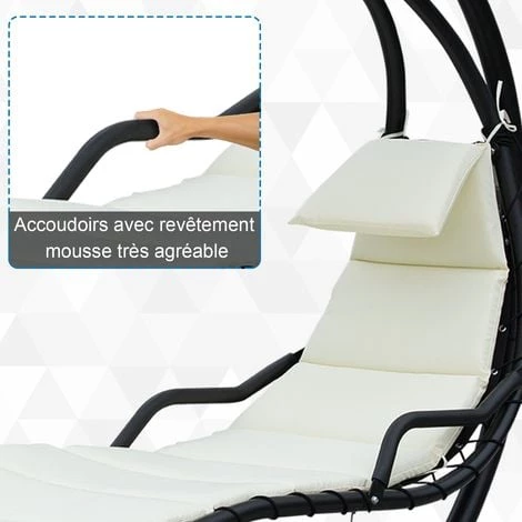 Outsunny Bain De Soleil Transat Suspendu Avec Pare-soleil Et Matelas Design Contemporain 190L X 115l X 190H Cm Acier Polyester Crème Noir 6 Outsunny Bain De Soleil Transat Suspendu Avec Pare-soleil Et Matelas Design Contemporain 190L X 115l X 190H Cm Acier Polyester Crème Noir â Image 4