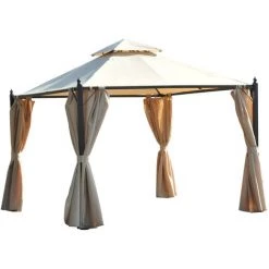 Outsunny Tonnelle Barnum Style Colonial 3 X 3 X 2,7 M Double Toit 4 Toiles Latérales Avec Zip Beige Et Noir