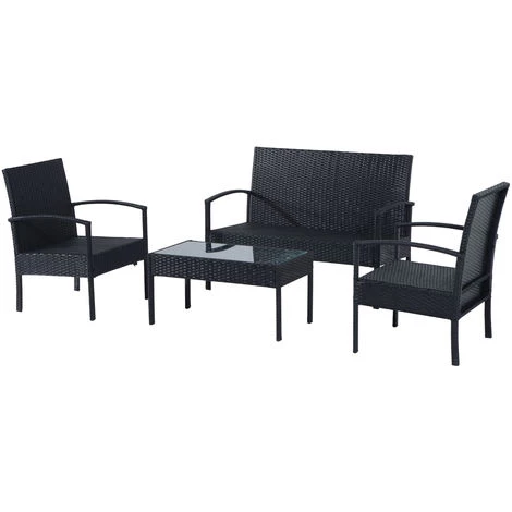 Outsunny Ensemble Salon De Jardin 4 Places : Canapé, 2 Fauteuils Et Table Basse Plateau Verre Trempé Résine Tressée 4 Fils Imitation Rotin Noir Coussins Blanc 6 Outsunny Ensemble Salon De Jardin 4 Places : Canapé, 2 Fauteuils Et Table Basse Plateau Verre Trempé Résine Tressée 4 Fils Imitation Rotin Noir Coussins Blanc – Image 4