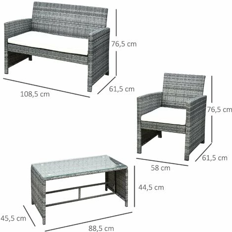 Outsunny Ensemble Salon De Jardin 4 Places : Canapé, 2 Fauteuils Et Table Basse Plateau Verre Trempé Résine Tressée Imitation Rotin Gris Coussins Crème 5 Outsunny Ensemble Salon De Jardin 4 Places : Canapé, 2 Fauteuils Et Table Basse Plateau Verre Trempé Résine Tressée Imitation Rotin Gris Coussins Crème – Image 3