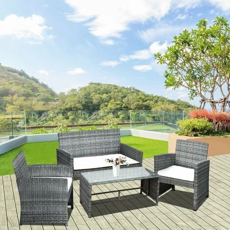 Outsunny Ensemble Salon De Jardin 4 Places : Canapé, 2 Fauteuils Et Table Basse Plateau Verre Trempé Résine Tressée Imitation Rotin Gris Coussins Crème 6 Outsunny Ensemble Salon De Jardin 4 Places : Canapé, 2 Fauteuils Et Table Basse Plateau Verre Trempé Résine Tressée Imitation Rotin Gris Coussins Crème – Image 4