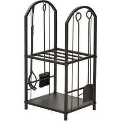 Outsunny Serviteur De Cheminée - Porte Bûches - Range Bûches Multi-accessoires 2 étagères Métal Noir - Noir