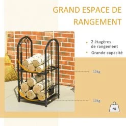 Outsunny Serviteur De Cheminée - Porte Bûches - Range Bûches Multi-accessoires 2 étagères Métal Noir - Noir -Outsunny Soldes Magasin 41334444 4