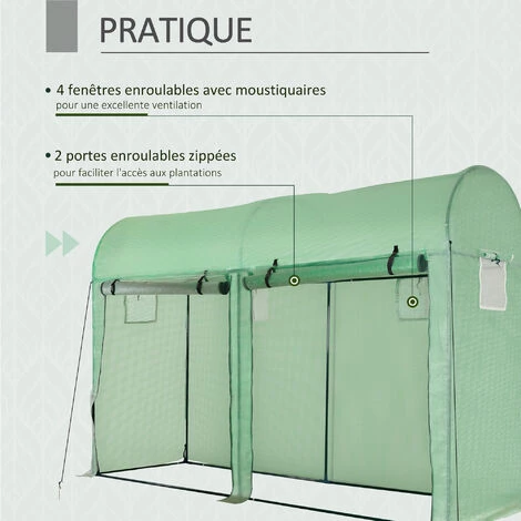 Outsunny Serre De Jardin Serre à Tomates Dim. 3L X 1l X 2H M 2 Portes Zippées Déroulantes 4 Fenêtres Enroulables Acier PE Haute Densité 140 G/m² Anti-UV Vert 7 Outsunny Serre De Jardin Serre à Tomates Dim. 3L X 1l X 2H M 2 Portes Zippées Déroulantes 4 Fenêtres Enroulables Acier PE Haute Densité 140 G/m² Anti-UV Vert – Image 5