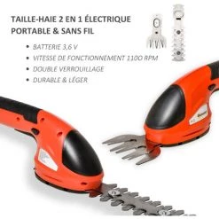 Outsunny Taille Haie - Mini Taille Haie Portable Avec Batterie Rechargeable - Clé De Sécurité, 2 Lames - Vitesse à Vide 1100 Tr/min - Acier ABS Rouge Noir - Rouge -Outsunny Soldes Magasin 46360307 4