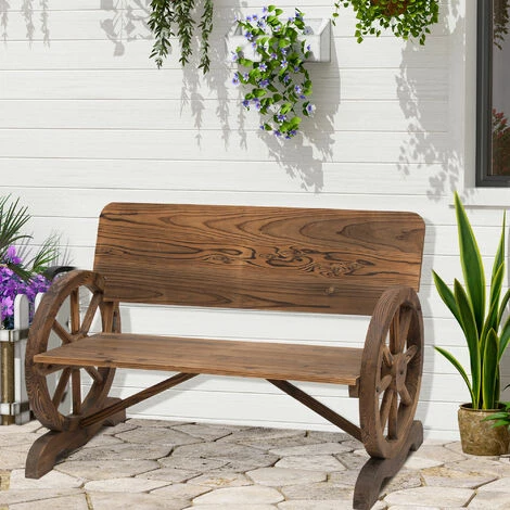 Outsunny Banc De Jardin 3 Places Style Rustique Chic Accoudoirs Roues De Charette Bois Sapin Traité Carbonisation - Marron 4 Outsunny Banc De Jardin 3 Places Style Rustique Chic Accoudoirs Roues De Charette Bois Sapin Traité Carbonisation - Marron – Image 2