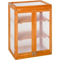 Outsunny Mini Serre De Jardin 3 Niveaux Dim. 58L X 44l X 78H Cm Double Porte Toit Ouvrant Bois Sapin Lasuré Polycarbonate