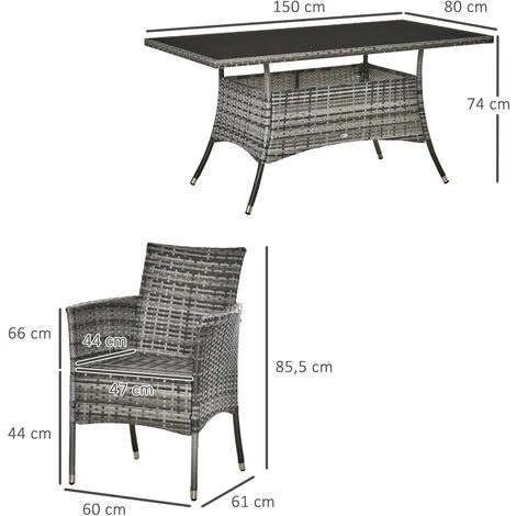 Outsunny Ensemble Salon De Jardin 6 Personnes - Grande Table Rectangulaire, 6 Fauteuils - 6 Coussins D'assise Déhoussables Inclus - Métal époxy Verre Trempé 5 Mm Résine Tressée Grise - Gris 5 Outsunny Ensemble Salon De Jardin 6 Personnes - Grande Table Rectangulaire, 6 Fauteuils - 6 Coussins D'assise Déhoussables Inclus - Métal époxy Verre Trempé 5 Mm Résine Tressée Grise - Gris – Image 3