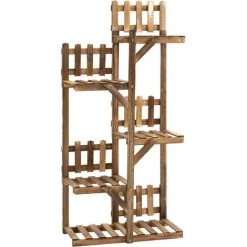 Outsunny Étagère à Fleurs En Bois - Porte Plante Bois 5 Tablettes Ornement Petites Barrières - Dim. 60L X 30l X 130H Cm - Bois De Sapin Traité Carbonisation