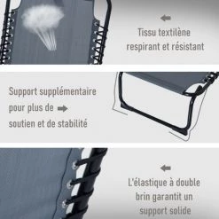 Outsunny Bain De Soleil Transat Pliable Dossier Inclinable Multi-positions Acier Thermoplastique Lacets élastiques Noir Textilène Gris -Outsunny Soldes Magasin 47489003 4