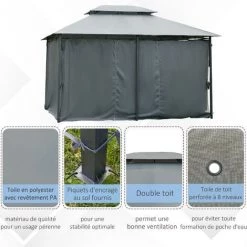 Outsunny Tonnelle Barnum Pavillon De Jardin Style Colonial Double Toit Toiles Latérales Amovibles 3L X 4l X 2,65H M Gris - Gris -Outsunny Soldes Magasin 47489015 5