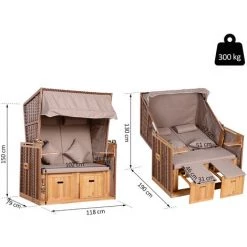 Outsunny Corbeille De Plage 2 Places Pliable - Cabine De Plage Inclinable - Abri Plage Strandkorb - Coussins, Repose-pieds, Tablettes, Pare-soleil - Bois Résine Tressée Polyester Taupe - Marron -Outsunny Soldes Magasin 47489039 3