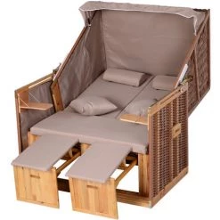 Outsunny Corbeille De Plage 2 Places Pliable - Cabine De Plage Inclinable - Abri Plage Strandkorb - Coussins, Repose-pieds, Tablettes, Pare-soleil - Bois Résine Tressée Polyester Taupe - Marron -Outsunny Soldes Magasin 47489039 4