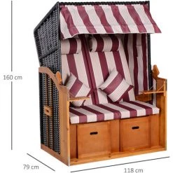 Outsunny Corbeille De Plage 2 Places Pliable - Cabine Chaise De Plage Inclinable - Abri Plage Strandkorb - Coussins, Repose-pieds, Tablettes, Pare-soleil - Bois Résine Tressée Polyester Beige Bordeaux -Outsunny Soldes Magasin 47489043 3