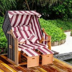 Outsunny Corbeille De Plage 2 Places Pliable - Cabine Chaise De Plage Inclinable - Abri Plage Strandkorb - Coussins, Repose-pieds, Tablettes, Pare-soleil - Bois Résine Tressée Polyester Beige Bordeaux -Outsunny Soldes Magasin 47489043 4