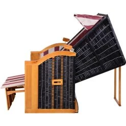 Outsunny Corbeille De Plage 2 Places Pliable - Cabine Chaise De Plage Inclinable - Abri Plage Strandkorb - Coussins, Repose-pieds, Tablettes, Pare-soleil - Bois Résine Tressée Polyester Beige Bordeaux -Outsunny Soldes Magasin 47489043 5