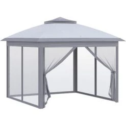 Outsunny Tonnelle Barnum De Jardin Pop-up Pliant - Dim. 3,30L X 3,30l X 2,88H M - Hauteur Réglable, Double Toit, Sac Transport - Métal époxy, Oxford, Moustiquaires - Gris