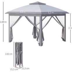 Outsunny Tonnelle Barnum De Jardin Pop-up Pliant - Dim. 3,30L X 3,30l X 2,88H M - Hauteur Réglable, Double Toit, Sac Transport - Métal époxy, Oxford, Moustiquaires - Gris -Outsunny Soldes Magasin 47582380 3