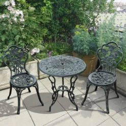Outsunny Ensemble Salon De Jardin 2 Places 2 Chaises + Table Ronde Style Néo-rétro Motif Rose Lignes Fuselées Fonte D'aluminium Vert Vieilli -Outsunny Soldes Magasin 48139663 2
