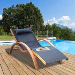 Outsunny Transat Chaise Longue Design Style Tropical Bois Massif Naturel Coloris Beige Noir -Outsunny Soldes Magasin 48139902 4