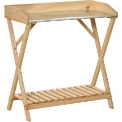 Outsunny Table De Rempotage Jardinage - étagère à Lattes - Plateau Tôle Acier Galvanisé Avec Rebords - Bois Sapin Pré-huilé - Beige