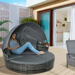 Outsunny Lit Canapé De Jardin Modulable Grand Confort Pare-soleil Pliable 5 Coussins 3 Oreillers 180L X 175l X 147H Cm Résine Tressée Polyester Gris - Gris -Outsunny Soldes Magasin 48873307 2