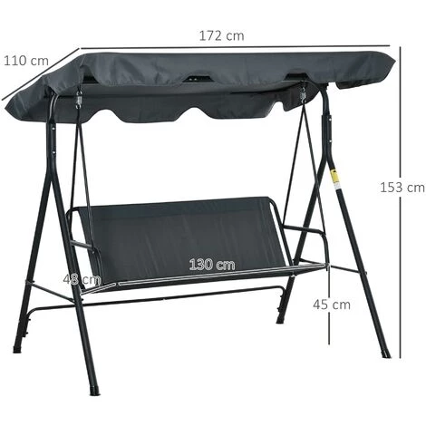 Outsunny Balancelle De Jardin 3 Places Toit Inclinaison Réglable Coussins Assise Et Dossier 1,72L X 1,2l X 1,53H M Acier époxy Noir Polyester Gris 5 Outsunny Balancelle De Jardin 3 Places Toit Inclinaison Réglable Coussins Assise Et Dossier 1,72L X 1,2l X 1,53H M Acier époxy Noir Polyester Gris – Image 3