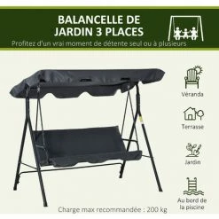Outsunny Balancelle De Jardin 3 Places Toit Inclinaison Réglable Coussins Assise Et Dossier 1,72L X 1,2l X 1,53H M Acier époxy Noir Polyester Gris 10 Outsunny Balancelle De Jardin 3 Places Toit Inclinaison Réglable Coussins Assise Et Dossier 1,72L X 1,2l X 1,53H M Acier époxy Noir Polyester Gris -Outsunny Soldes Magasin 49150238 4