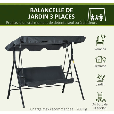 Outsunny Balancelle De Jardin 3 Places Toit Inclinaison Réglable Coussins Assise Et Dossier 1,72L X 1,2l X 1,53H M Acier époxy Noir Polyester Gris 6 Outsunny Balancelle De Jardin 3 Places Toit Inclinaison Réglable Coussins Assise Et Dossier 1,72L X 1,2l X 1,53H M Acier époxy Noir Polyester Gris – Image 4