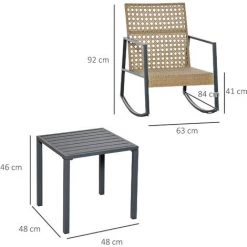 Outsunny Ensemble De Jardin 3 Pièces Style Colonial 2 Fauteuils à Bascule Avec Coussins Assise Gris Table Basse Métal époxy Résine Tressée Beige -Outsunny Soldes Magasin 49183647 3