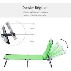 Outsunny Bain De Soleil Pliable Transat Inclinable 4 Positions Chaise Longue De Lecture 3 Coussins Fournis Vert - Vert 11 Outsunny Bain De Soleil Pliable Transat Inclinable 4 Positions Chaise Longue De Lecture 3 Coussins Fournis Vert - Vert -Outsunny Soldes Magasin 49279756 5