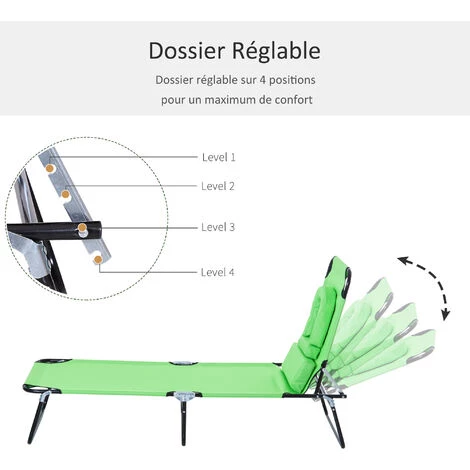 Outsunny Bain De Soleil Pliable Transat Inclinable 4 Positions Chaise Longue De Lecture 3 Coussins Fournis Vert - Vert 7 Outsunny Bain De Soleil Pliable Transat Inclinable 4 Positions Chaise Longue De Lecture 3 Coussins Fournis Vert - Vert – Image 5