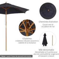 Outsunny Parasol Droit Hexagonal Grande Taille De Jardin Ø 2,5 X 2,3H M Bois De Bambou Noir - Noir -Outsunny Soldes Magasin 49597819 5