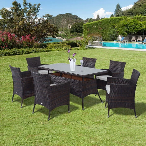 Outsunny Ensemble Salon De Jardin 6 Personnes - Grande Table Rectangulaire, 6 Fauteuils - 6 Coussins D'assise Déhoussables Inclus - Métal époxy Verre Trempé 5 Mm Résine Tressée Chocolat - Marron 4 Outsunny Ensemble Salon De Jardin 6 Personnes - Grande Table Rectangulaire, 6 Fauteuils - 6 Coussins D'assise Déhoussables Inclus - Métal époxy Verre Trempé 5 Mm Résine Tressée Chocolat - Marron – Image 2