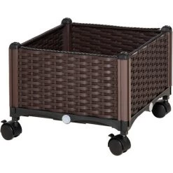 Outsunny Jardinière Sur Roulettes Dim. 40L X 40l X 31H Cm Insert D'irrigation Plastique Imitation Rotin Tressé Chocolat - Marron