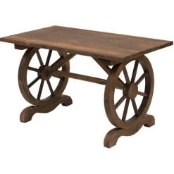 Outsunny Table Basse De Jardin Style Rustique Chic Piètement Roues Charette Bois Sapin Traité Carbonisation