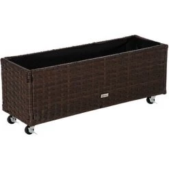Outsunny Jardinière Sur Roulettes Dim. 94L X 31l X 36H Cm Feutre De Drainage Inclus Résine Tressée Aspect Rotin Chocolat